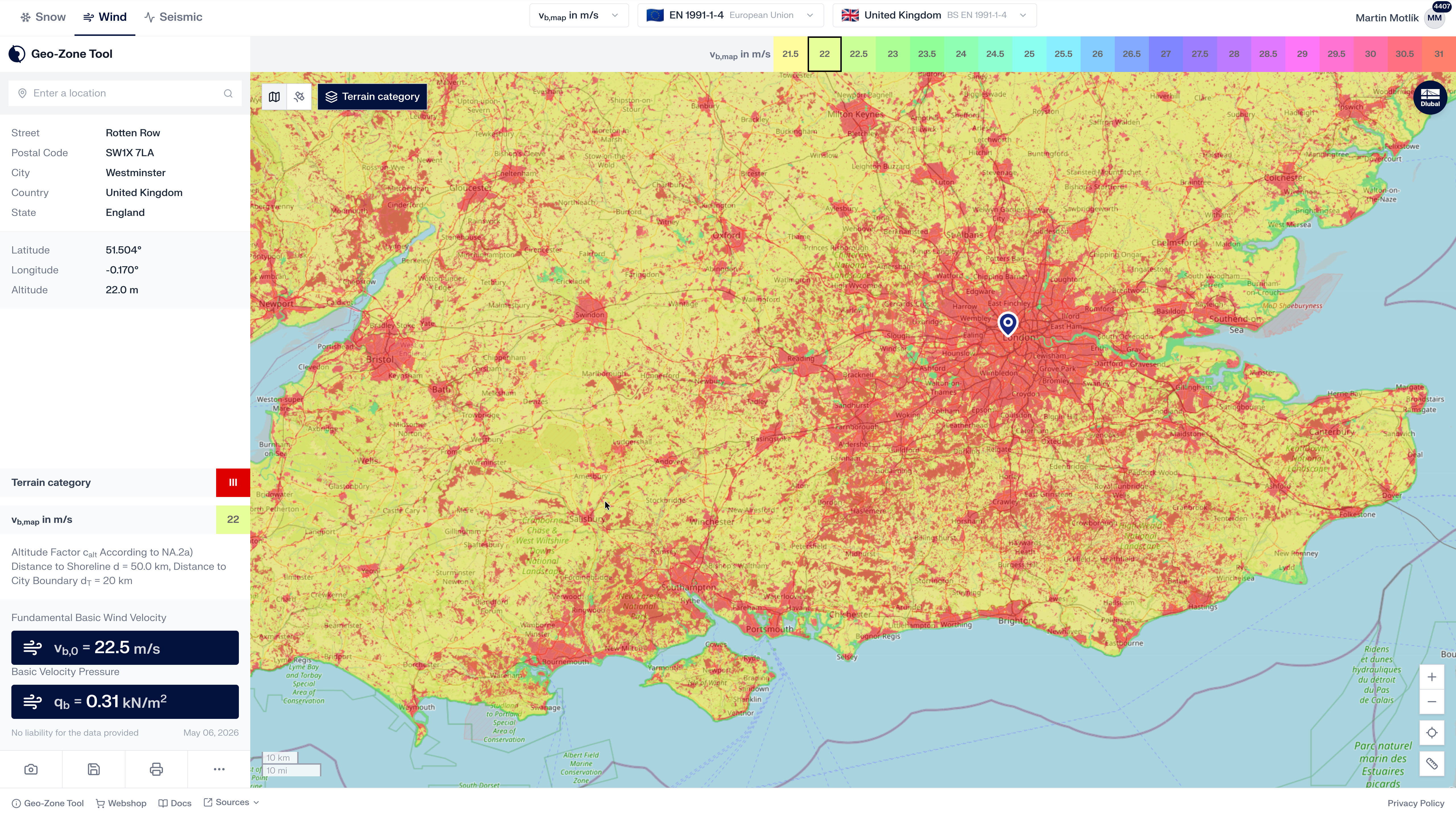 Map of London showing terrain categories for structural analysis and design purposes. Useful for identifying appropriate loads.